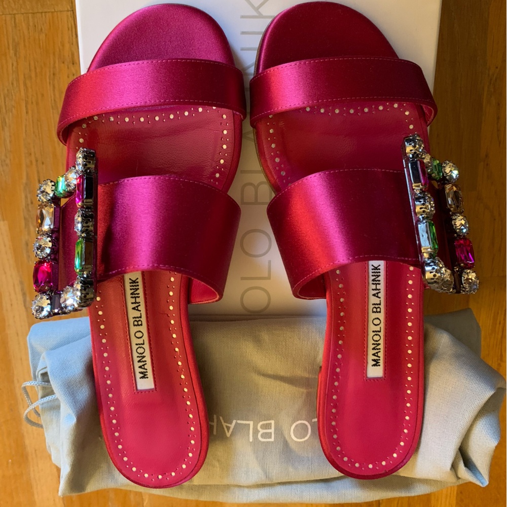 SOLD: NIB Manolo Blahnik Satin Embellished Slides Sandals Flats Sz 37 US 6.5 - 7